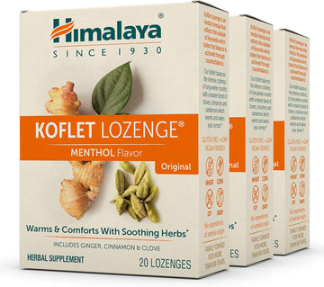 Himalaya Koflet Herbal Throat Lozenges, Natural Herbal Cough Drops, Ginger, Cinnamon, Clove, Gluten Free, Vegan, Menthol Flavor, 20 Individually Wrapped Lozenges, 3 Pack