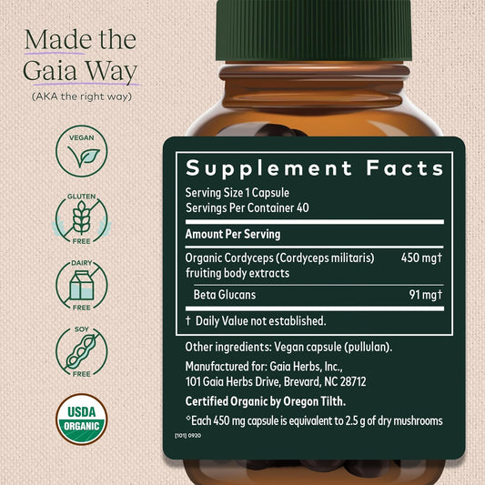 Gaia Herbs Cordyceps Mushroom - Energy Support Supplement For Sustaining Energy, Endurance, And Stamina - With Organic Cordyceps Mushroom - 40 Vegan Liquid Phyto-Capsules (40-Day Supply)