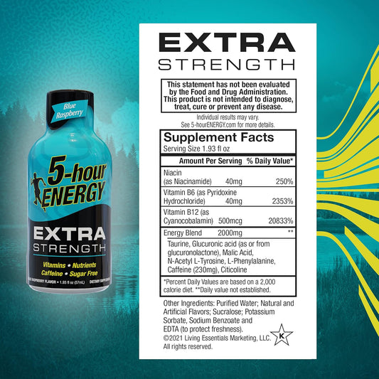 5-Hour Energy Shots Extra Strength | Blue Raspberry Flavor | 1.93 oz. 30 Count | Sugar Free, Zero Calories | Amino Acids and Essential B Vitamins | Dietary Supplement | Feel Alert and Energized
