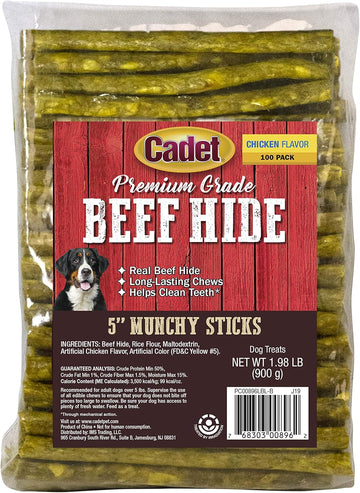 Cadet Premium Grade Beef Hide For Dogs, Long Lasting Rawhide Munchy Sticks, Single Ingredient Dog Chews, Chicken Flavor, 5 Inch (100 Count)