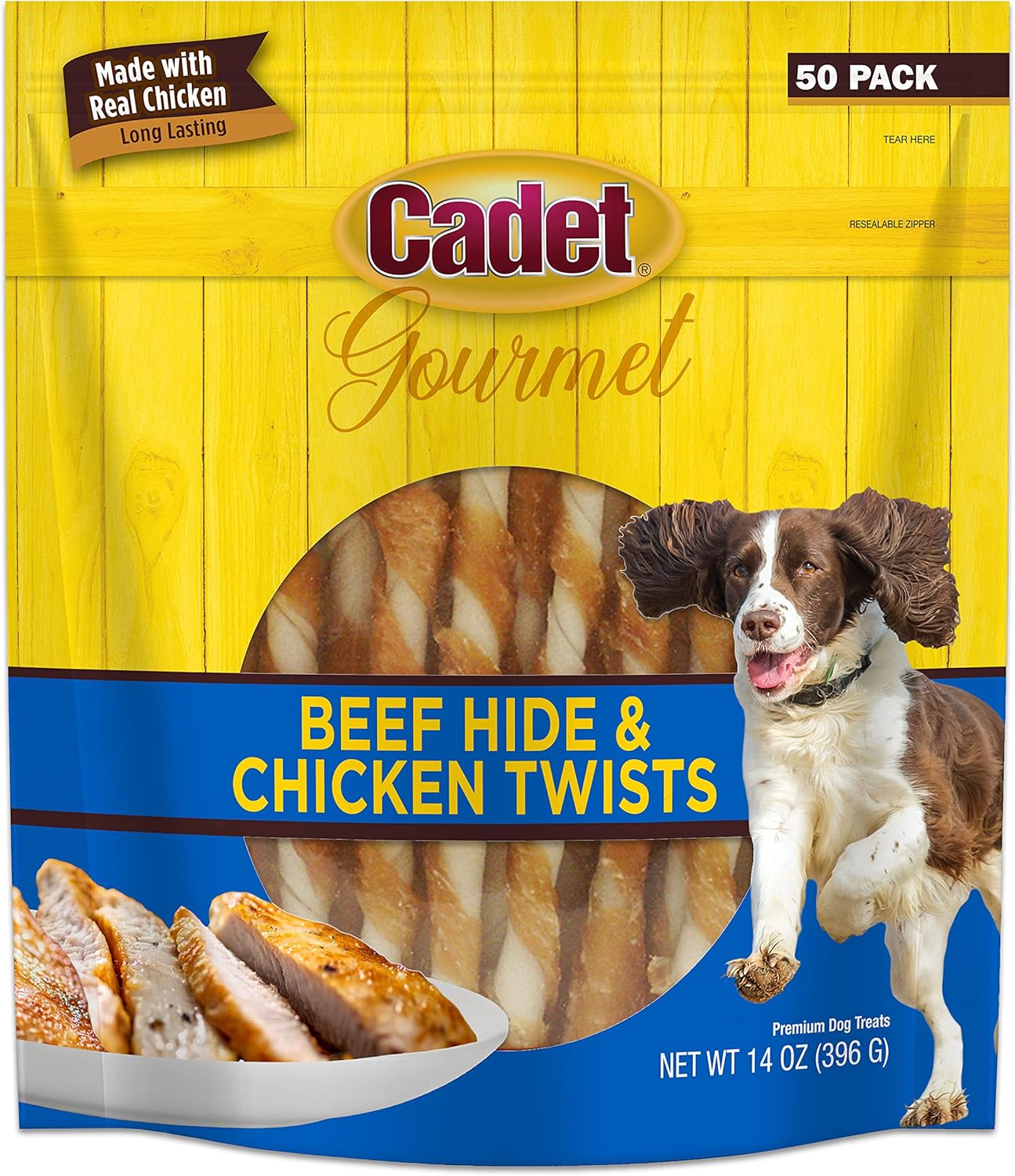 Cadet Gourmet Beef Hide Twist Chew Sticks, Long Lasting & Natural Chew Treats For Dogs, Inspected & Tested In Usa, Chicken Flavor (50 Count)