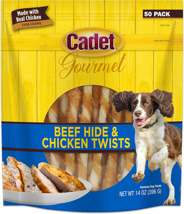 Cadet Gourmet Beef Hide Twist Chew Sticks, Long Lasting & Natural Chew Treats For Dogs, Inspected & Tested In Usa, Chicken Flavor (50 Count)