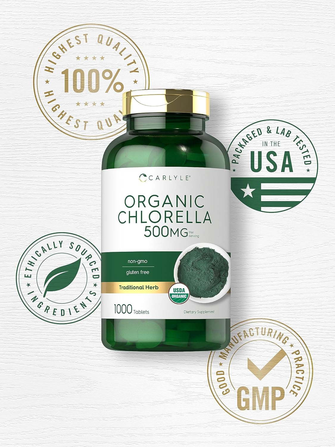 Carlyle Chlorella Tablets Organic 500 mg | 1000 Count | Vegetarian, Non-GMO, and Gluten Free : Health & Household