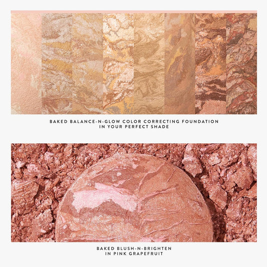 Blush-N-Glow Kit (3 Pc): Laura Geller New York Baked Balance-N-Glow Illuminating Cc Powder Foundation Light, Retractable Kabuki Brush, Baked Blush-N-Brighten Pink Grapefruit
