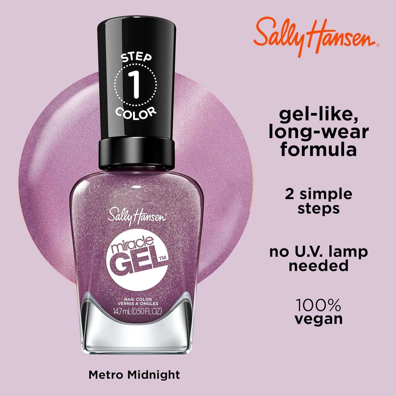 Sally Hansen Miracle Gel™, Metro Midnight, Long Lasting, Gel-Like Formula, No UV Lamp Needed, Purple Nail Polish : Beauty & Personal Care