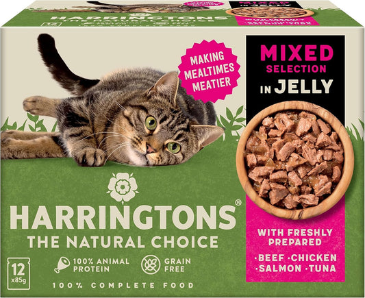 Harringtons Complete Wet Pouch Grain Free Hypoallergenic Adult Cat Food Mixed in Jelly Pack 72x85g - Beef, Chicken, Salmon & Tuna- Making Mealtimes Meatier?HARRWCATMJ-C85