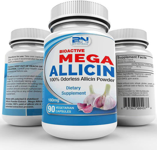 100% Mega Allicin Stabilized Patented Allicin from Garlic | Powerful 180,000mcg (180mg) 90 Vegetarian (vCAPS) Odor-Controlled, Non-GMO, Gluten-Free | Derived from Allium Sativum (90 Count)
