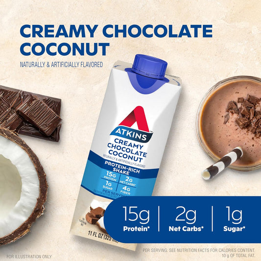 Atkins Creamy Chocolate Coconut Protein Shake, 15G Protein, 2G Net Carbs, 1G Sugar, Keto Friendly, 12 Count