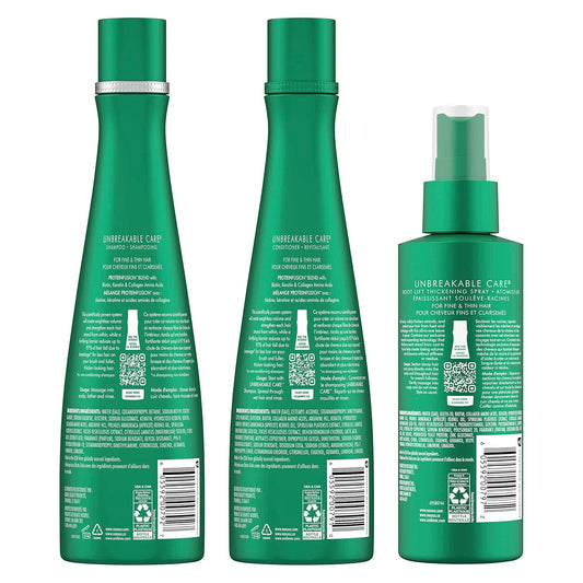 Nexxus Unbreakable Care Shampoo, Conditioner, And Leave-In Spray 3 Pack For Fine And Thin Hair With Keratin, Collagen, Biotin