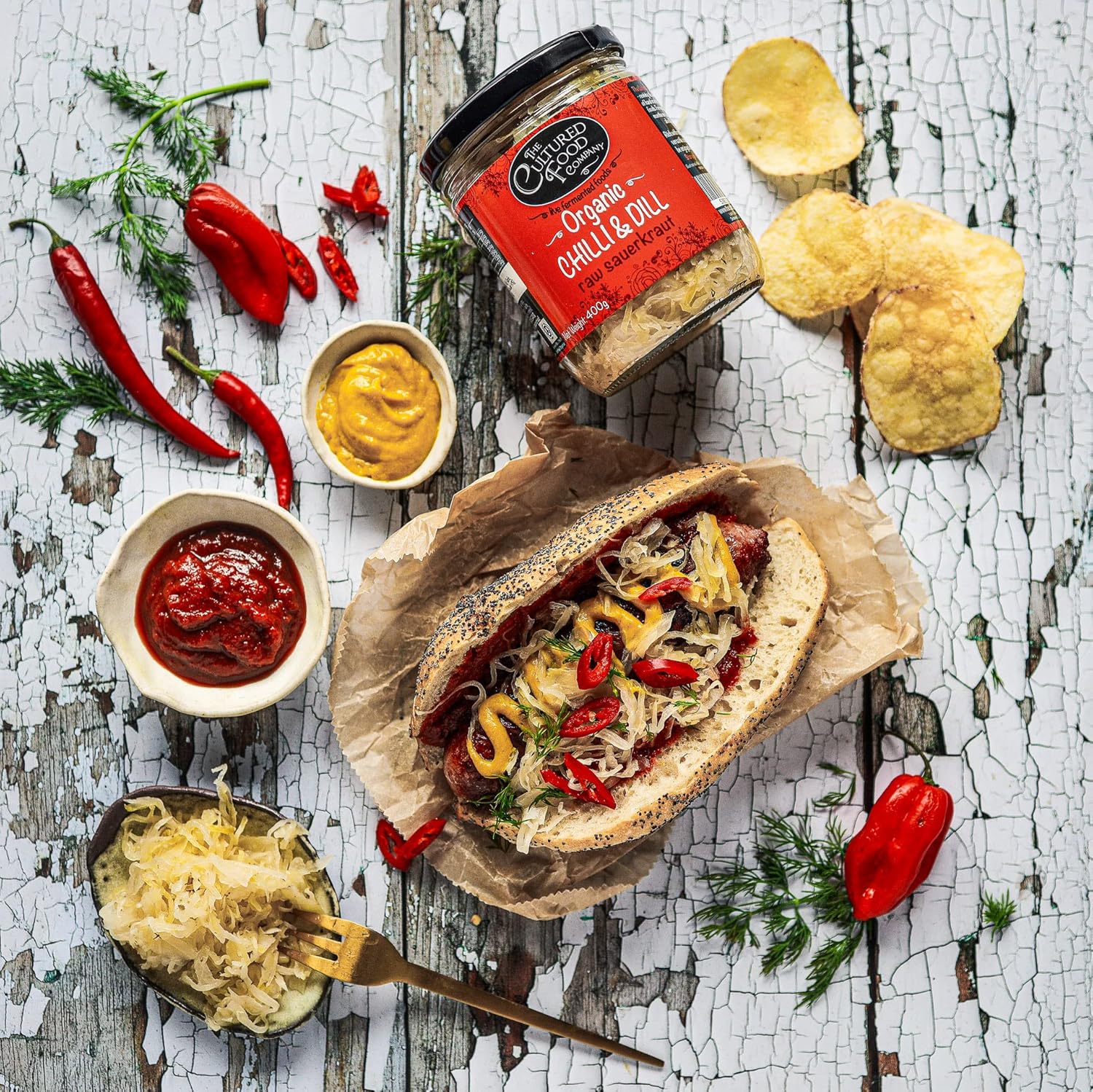 The Cultured Food Company Chilli & Dill Sauerkraut 1Kg Jar - Organic Sauerkraut, Raw & Unpasteurised - Probiotic - Gut Healthy - Traditionally Fermented - No Preservatives - Vegan