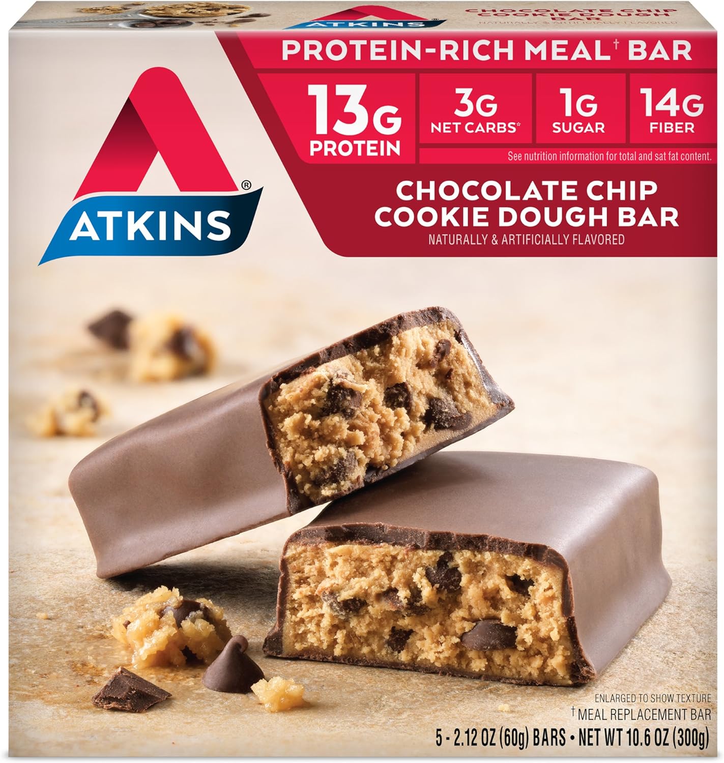 Atkins Chocolate Chip Cookie Dough Protein Meal Bar, High Fiber, 1g Sugar, 3g Net Carbs, Meal Replacement, 30 Count