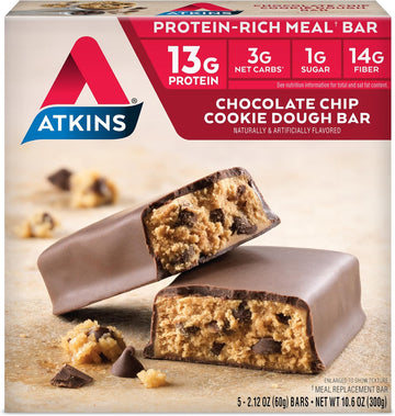 Atkins Chocolate Chip Cookie Dough Protein Meal Bar, High Fiber, 1G Sugar, 3G Net Carbs, Meal Replacement, 30 Count