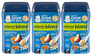 Gerber Cereal For Baby Power Blend Baby Cereal, Probiotic With Oatmeal, Lentil, Carrots & Apples, Made With Whole Grains & Plant Protein, 8 Oz Canister (Pack Of 3)