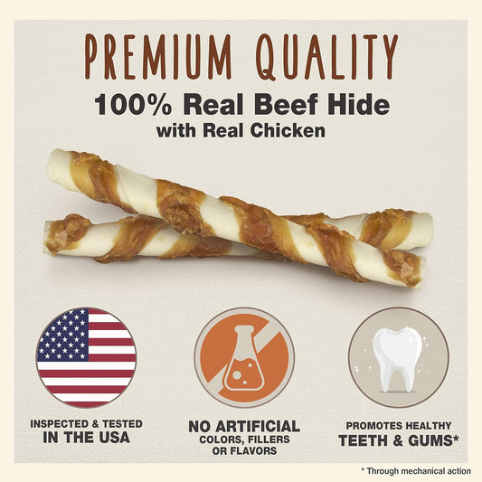 Cadet Gourmet Beef Hide & Chicken Twists Dog Treats - Healthy & Natural Rawhide & Chicken Dog Treats for Small & Large Dogs - Inspected & Tested in USA, 8 In. (6 Count)