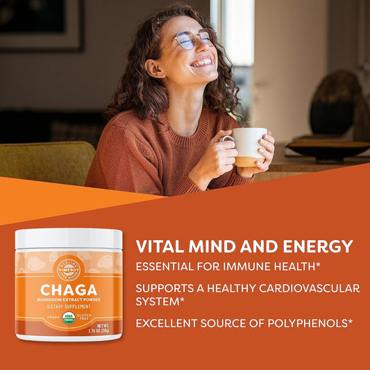 Vimergy Usda Organic Wild Chaga Mushroom Extract Powder, 33 Servings – Ideal In Chaga Tea, Coffee, Smoothies – Cardiovascular Support - Kosher, Vegan, No Gluten, Paleo - Pure Chaga, No Fillers (50G)