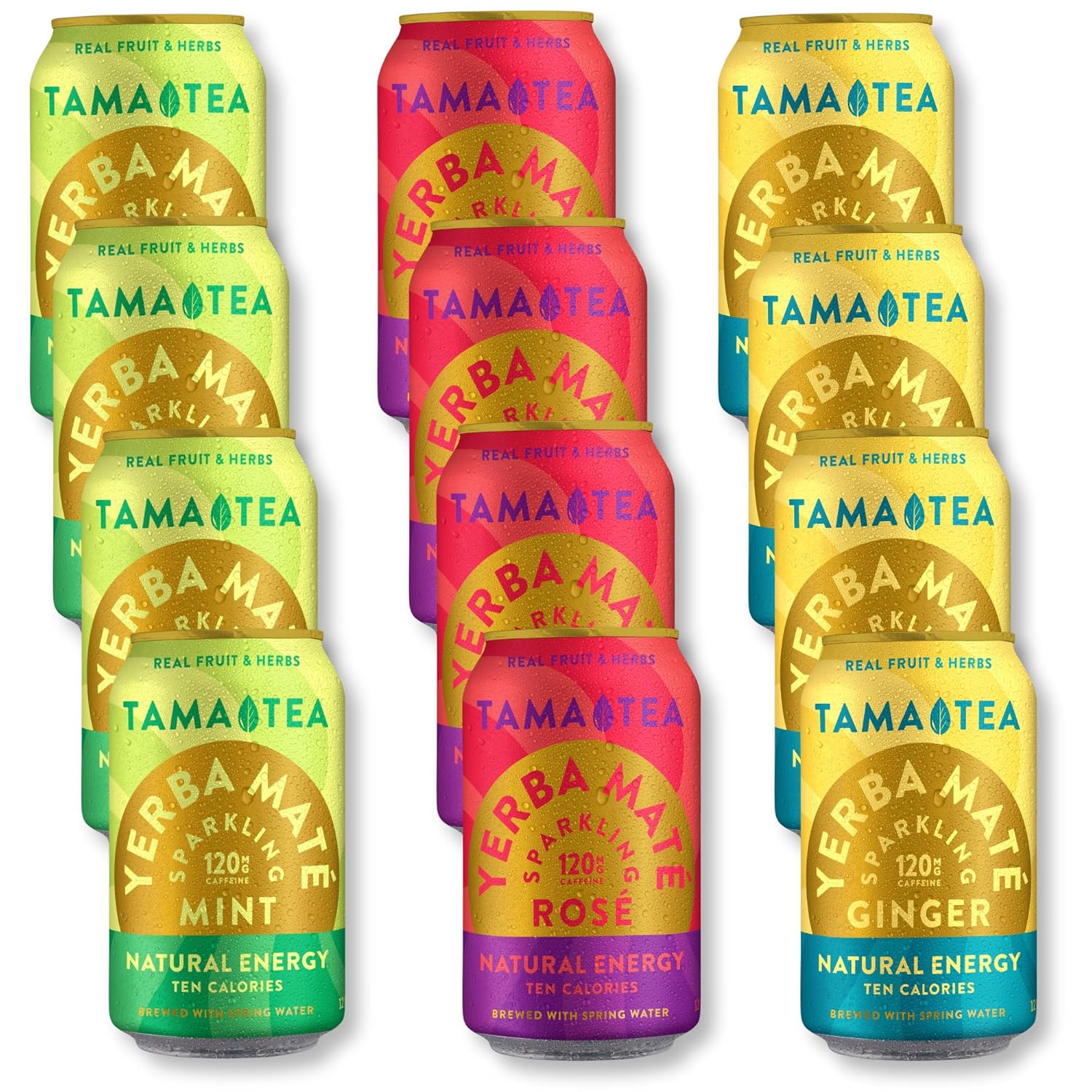 Sparkling Yerba Mate Variety Pack By Tama Tea - Unsweetened Natural Energy Drink With Real Fruit & Herbs - Healthy Caffeine Drink Alternative - 120Mg Of Caffeine, 10 Calories - 12Oz Pack Of 12