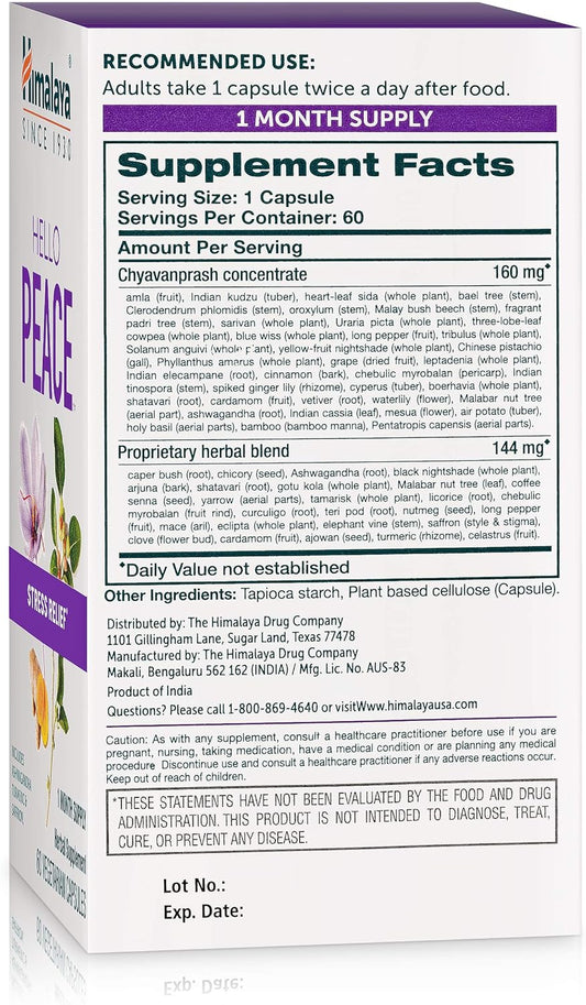 Himalaya Hello Peace, Daily Stress Relief Herbal Supplement, Ashwagandha, Turmeric, Saffron, Eases Nervousness, Relaxation And Calm, Balances Cortisol, Non-Gmo, Vegan, 60 Capsules, 30 Day Supply