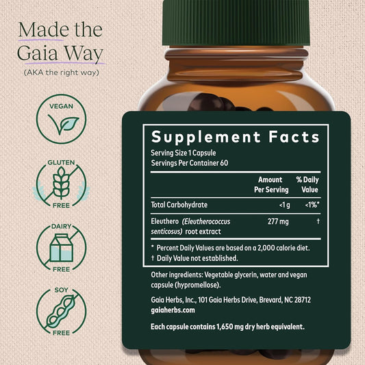 Gaia Herbs Eleuthero Root - Energy, Stamina & Mental Endurance Support - Eleuthero Root (Siberian Ginseng) Adaptogen Herbal Supplement - 60 Vegan Liquid Phyto-Capsules (30-Day Supply)