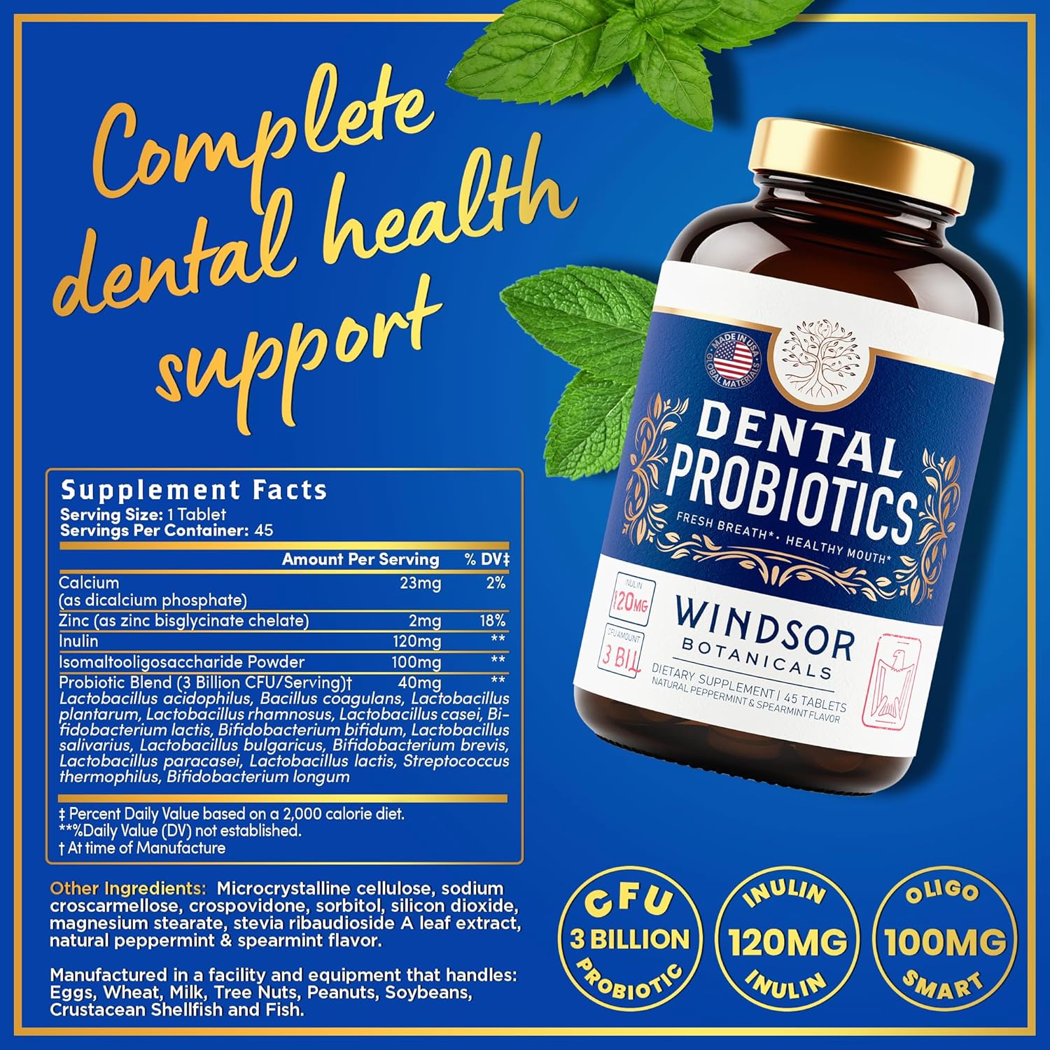 Oral Probiotics For Teeth And Gums - 3Bn Cfu Lactobacillus Salivarius Acidophilus Rhamnosus Streptococcus - Bad Breath Treatment For Adults - 45 Chewable Mint Dental Probiotic Tablets For Women & Men : Health & Household