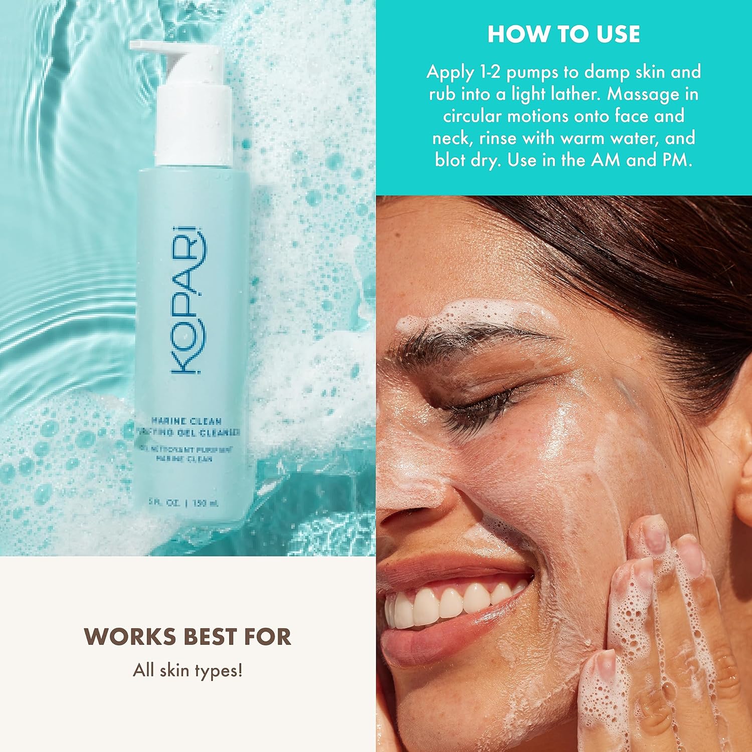 Kopari Marine Clean Purifying Gel Cleanser, Infused With Amino Acids & Vitamin B5, Dual-Action Gel-To-Foam Cleanser, Gentle And Nourishing, 5 Oz : Beauty & Personal Care