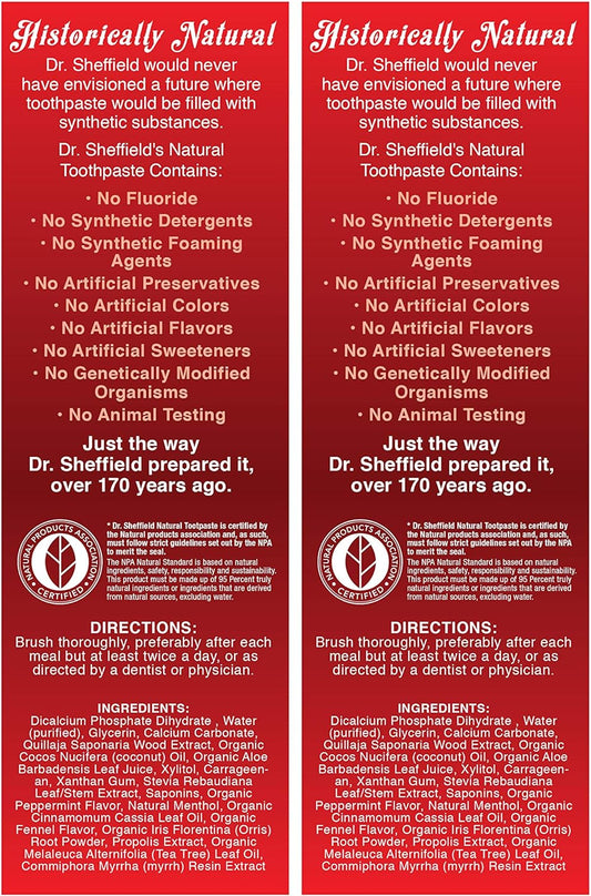 Dr. Sheffield’s Certified Natural Toothpaste (Cinnamon) - Great Tasting, Fluoride Free Toothpaste/Freshen Your Breath, Whiten Your Teeth, Reduce Plaque (2-Pack)