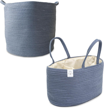 Natemia Large Rope Storage Basket And Cotton Rope Diaper Caddy - Nursery Bin And Toy Organizer Laundry Basket, Basket For Towels, Pillows And Blankets, Perfect Baby Registry Gift-Folkstone Grey