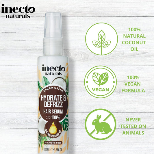 Inecto Naturals Hydrate & Defrizz Coconut Dream Crème Hair Serum 100Ml, Anti Frizz, Preservers Moisture For Visibly Smooth Hydrated, 100% Natural Oils, Dry And Damaged