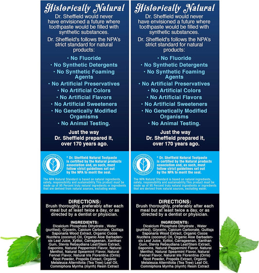 Dr. Sheffield’s Certified Natural Toothpaste (Peppermint) - Great Tasting, Fluoride Free Toothpaste/Freshen Your Breath, Whiten Your Teeth, Reduce Plaque (2-Pack)