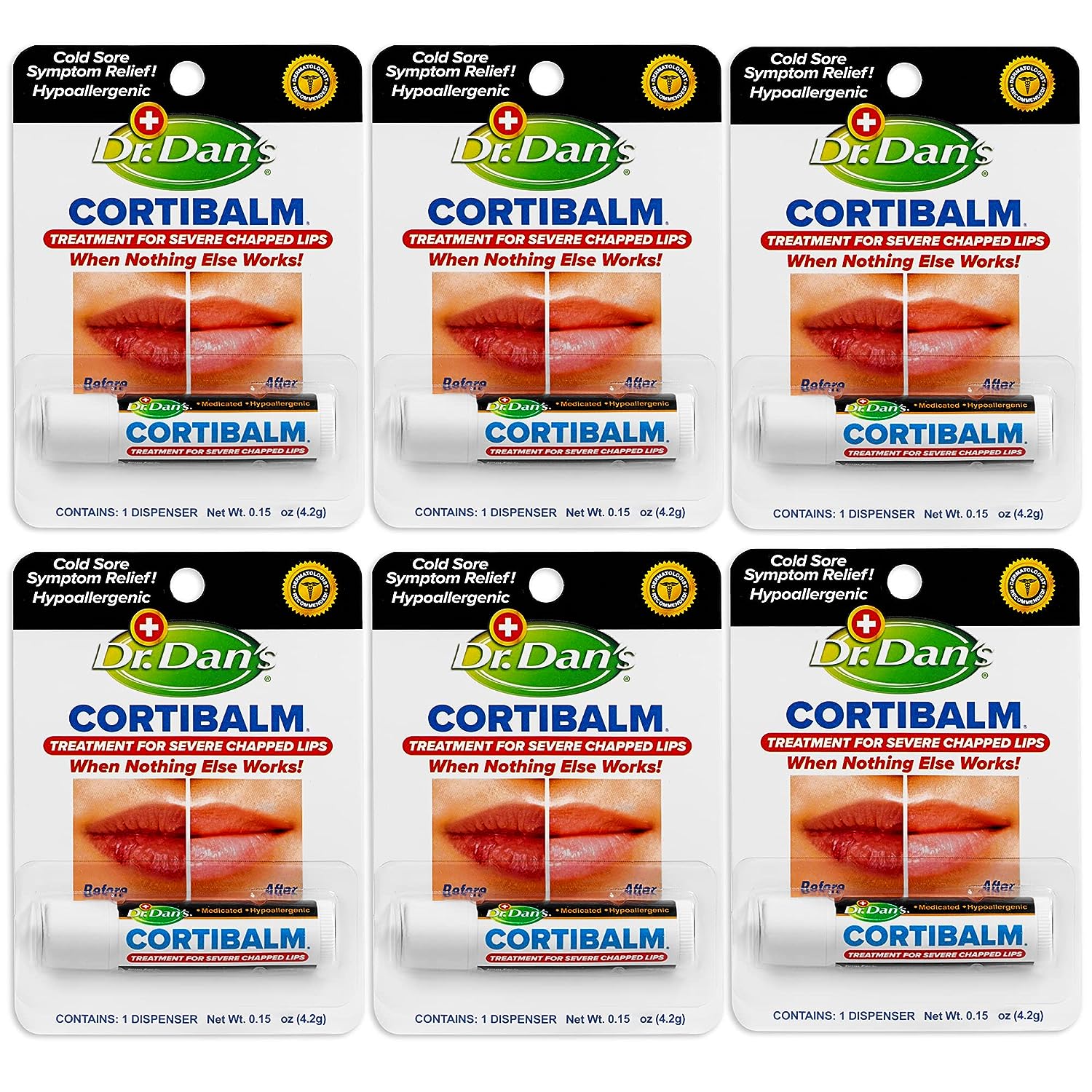 Dr. Dan's Cortibalm-6 Pack-for Dry Cracked Lips - Healing Lip Balm for Severely Chapped Lips - Designed for Men, Women and Children