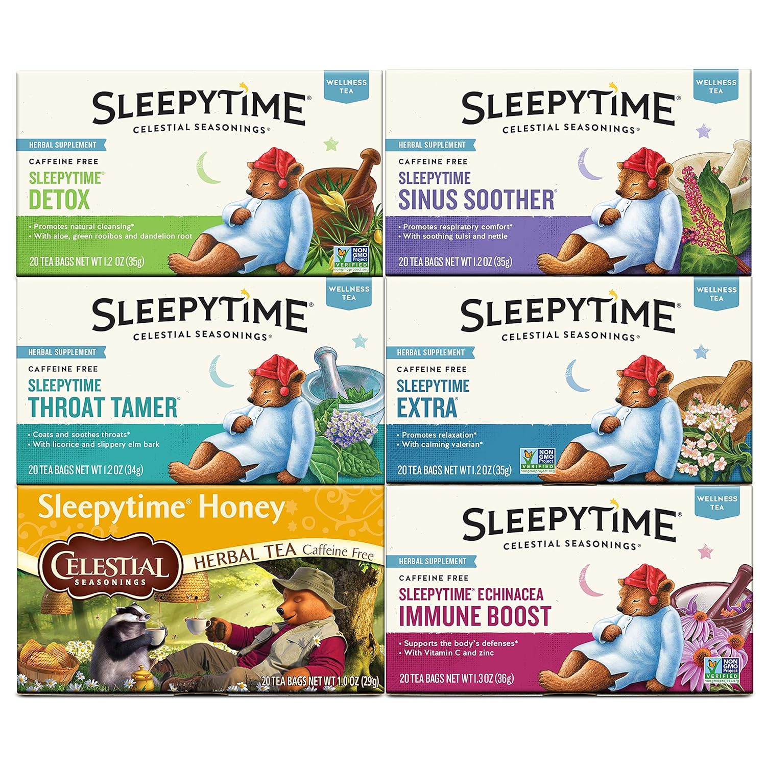 Celestial Seasonings Wellness Tea Sleepytime Variety Pack, Detox, Sinus Soother, Throat Tamer, Sleepytime Extra, Honey, Immune Boost, Caffeine Free Sleep Tea, 20 Tea Bags (Pack Of 6)