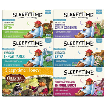 Celestial Seasonings Wellness Tea Sleepytime Variety Pack, Detox, Sinus Soother, Throat Tamer, Sleepytime Extra, Honey, Immune Boost, Caffeine Free Sleep Tea, 20 Tea Bags (Pack Of 6)