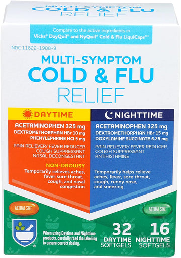 Rite Aid Daytime And Nighttime Cold And Flu Medicine - 48 Count | Cold And Flu Relief | Combo Pack | Cold Medicine Adults | Sinus Relief, Mucus Relief, Sinus Pressure Relief, & Sore Throat Relief