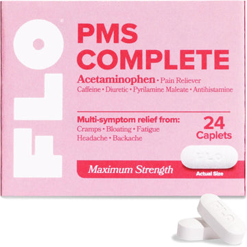 Flo Pms Complete Tablets, Menstrual Pain Relief For Women, 24 Count (1 Pack) - Multi-Symptom Pain Reliever With Acetaminophen, Caffeine, & Pyrilamine Maleate For Cramps, Headaches, Backaches, Bloating