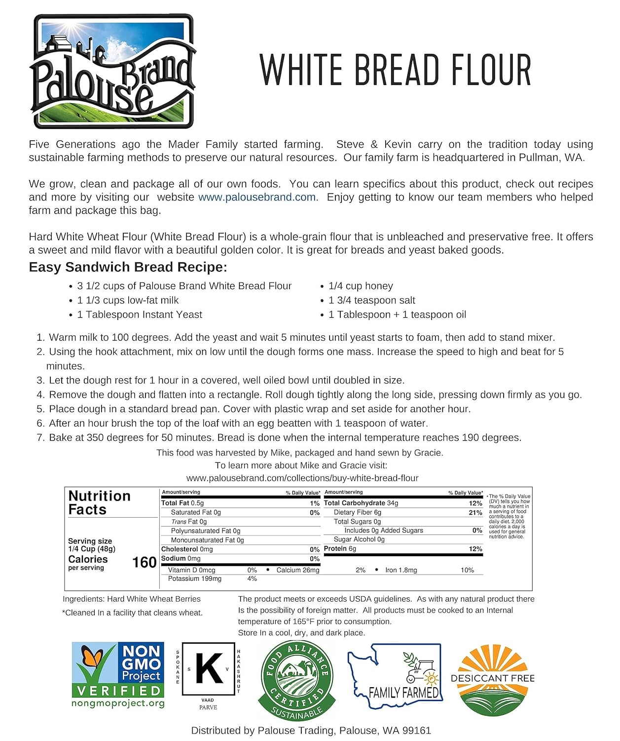 Hard White Whole Wheat Flour | 3 LBS | Bread Flour | Non-GMO | 100% Non-Irradiated | Kosher | USA Grown | Field Traced | Resealable Kraft Bag : Grocery & Gourmet Food