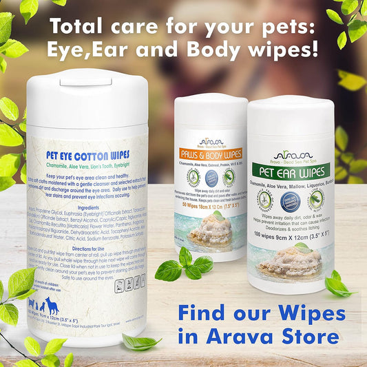 Arava Pet Eye Wipes - for Dogs Cats Puppies & Kittens - 100 Count - Natural and Aromatherapy Medicated - Removes Dirt Crust and Discharge - Prevents Tear Stains