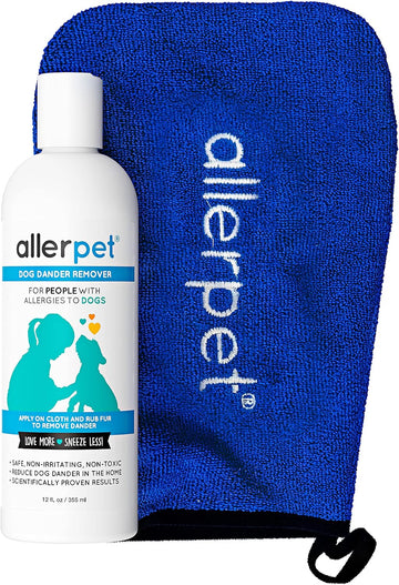 Allerpet Dog Dander Remover w/Free Applicator Mitt - Pet Dander Remover for Allergens - for Canine Dry Skin Treatment - Good for Fur & Skin - (12oz)