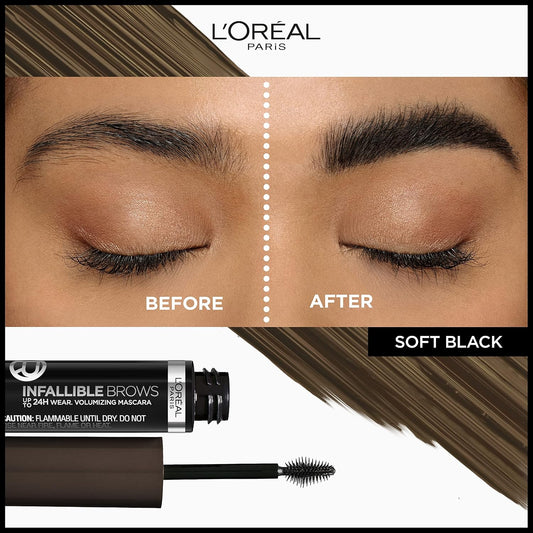 L'Oreal Paris Infallible Volumizing 24H Wear Brow Mascara, Long Lasting Eyebrow Makeup For 2X Fuller Eyebrows, 3.0 Soft Black, 0.13 Fl Oz