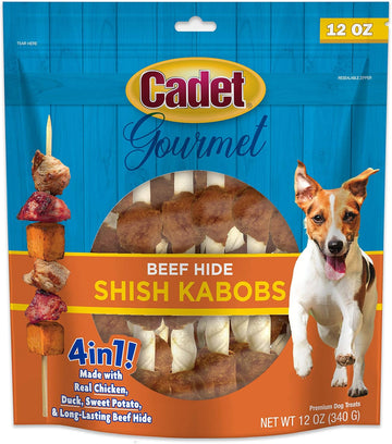 Cadet Gourmet Triple-Flavored Beef Hide Shish Kabob Dog Treats - Healthy & Natural Chicken, Duck, & Sweet Potato Dog Treats, 5 In. (12 Oz.)