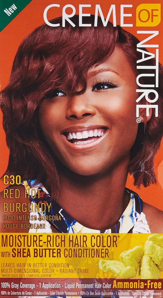 Moisture Rich Liquid Hair Color By Creme Of Nature, C30 Red Hot Burgundy, With Shea Butter Conditioner, 1 Application