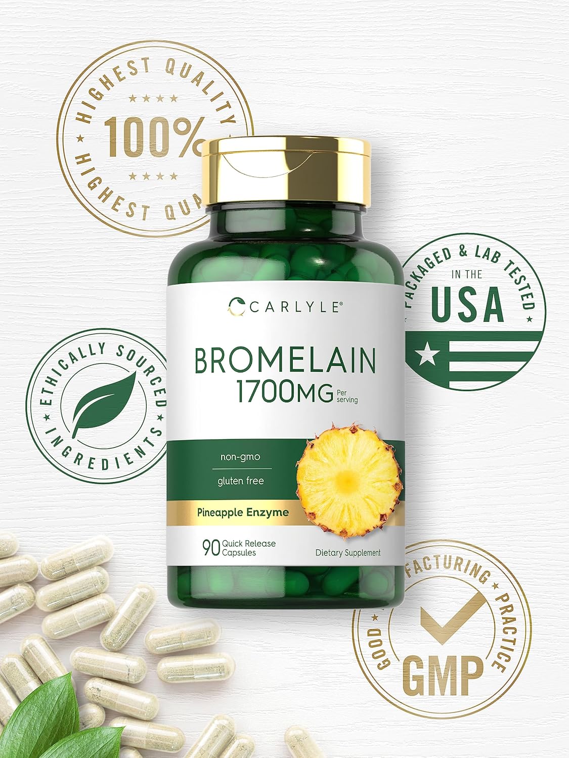 Carlyle Bromelain 1700 mg | 90 Capsules | Pineapple Enzyme Supplement | Non-GMO and Gluten Free : Health & Household