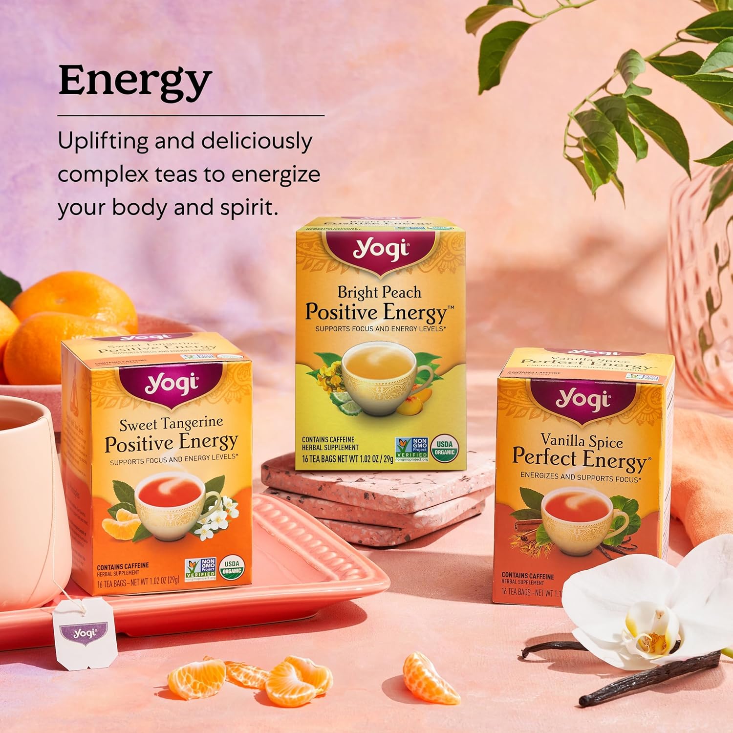 Yogi Sweet Tangerine Positive Energy Tea - 16 Tea Bags Per Pack (4 Packs) - Organic Tangerine Energy Tea - Includes Black Tea Leaf, Yerba Mate Leaf, Ashwagandha Root & More