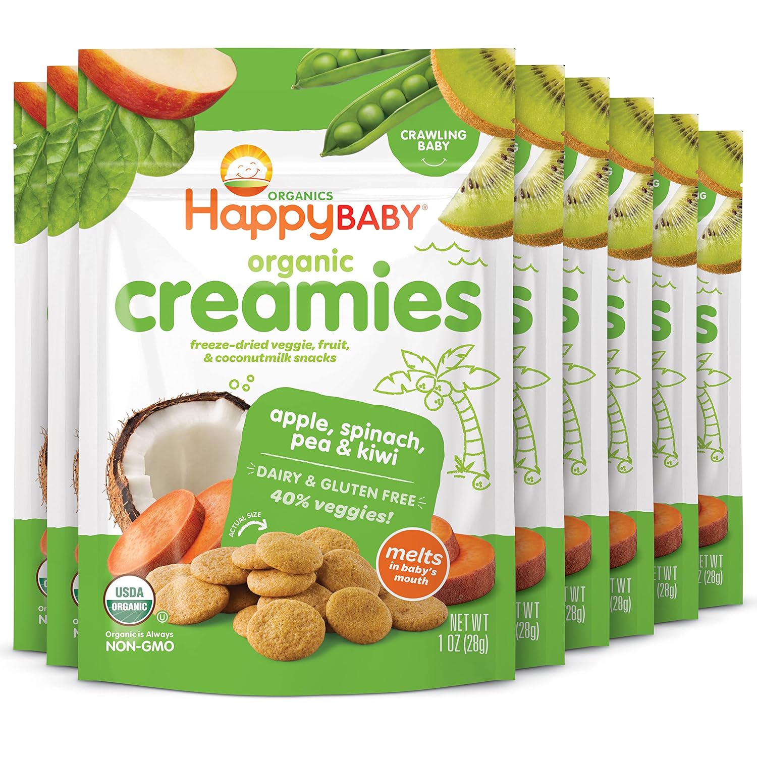 Happy Baby Organics Creamies Freeze-Dried Veggie & Fruit Snacks With Coconut Milk, Apple Spinach Pea & Kiwi, 1 Ounce (Pack Of 8)