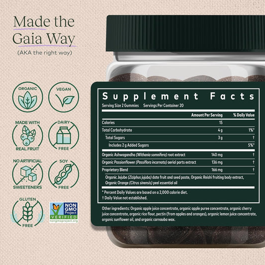 Gaia Herbs Organic Sleep Gummies, Sleep Support, Ashwagandha, Organic Reishi Mushroom, Passionflower, Usda Certified Organic, Non-Gmo, Gluten Free, Vegan, 40 Count