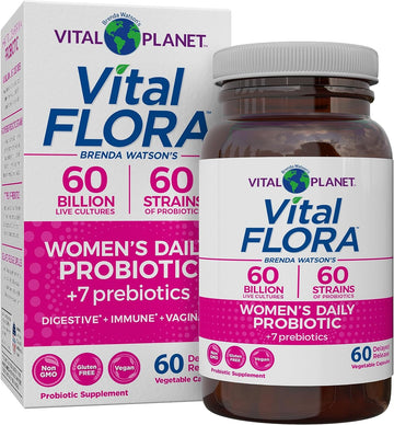 Vital Planet - Vital Flora Women?s Daily Probiotic 60 Billion CFU, 60 Diverse Strains, 7 Organic Prebiotics, Vaginal and Immune Support, Bloating, Digestive Health Probiotics for Women 60 Capsules