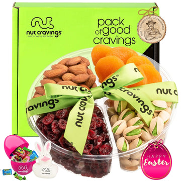 Nut Cravings Gourmet Collection - Easter Dried Fruit Nuts & Candies Gift Basket with Happy Easter Ribbon (4 Piece Assortment) Candy Filled Egg + Bunny Stuffer - Healthy Kosher