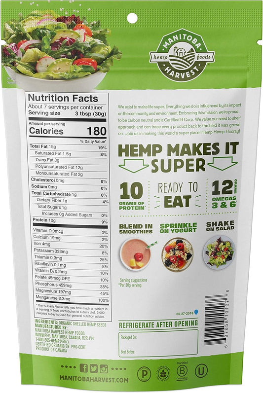 Manitoba Harvest Organic Hemp Seeds, 7Oz; 10G Plant Based Protein And 12G Omega 3 & 6 Per Srv | Smoothies, Yogurt & Salad | Non-Gmo, Vegan, Keto, Paleo, Gluten Fre