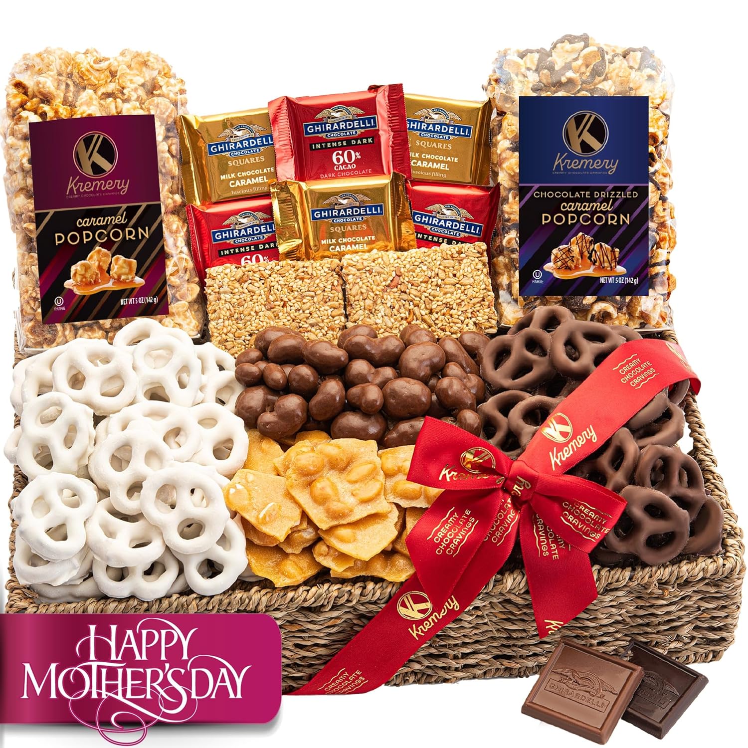 KREMERY Creamy Chocolate Cravings - Mothers Day Chocolate Covered Pretzels Gift Basket in Reusable Seagrass Tray + Ribbon, Caramel Popcorn Peanut Brittle Cashews (Large 3.5 LB) Kosher Dairy USA Made