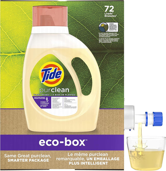 Tide Purclean Plant-Based Epa Safer Choice Natural Laundry Detergent Liquid Soap Eco-Box, Ultra Concentrated High Efficiency (He), 72 Loads