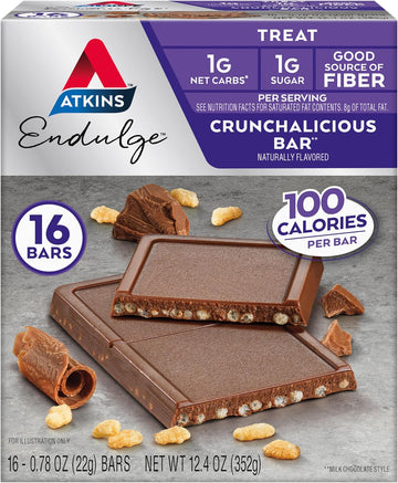 Atkins Endulge Treat, Crunchalicious Bar, 1G Net Carbs, 1G Sugar, Good Source Of Fiber, Keto Friendly, 16 Count