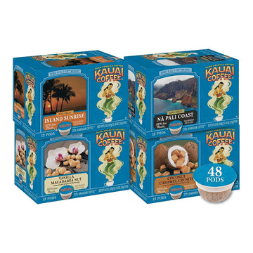 Kauai Coffee Starter Variety Pack of Island Sunrise, Na Pali Coast, Vanilla Macadamia Nut, Coconut Caramel Crunch –Compatible with Keurig Pods K-Cup Brewers (4 Packs of 12 Single-Serve Cups)